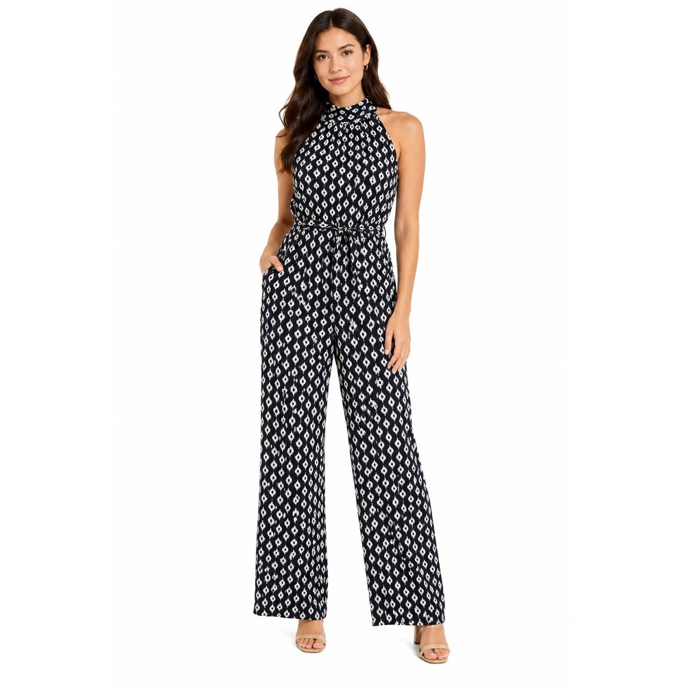 Enfocus Studio Womens Black White Geometric Ikat Halter Wide Leg Jumpsuit Size 8